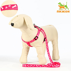 Комплект капроновый "Косточки и лапки", 1,5 см, шлейка 30-44 см, поводок 120 см, розовый   7364446