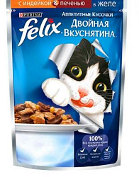 FELIX Двойная вкуснятина влажный корм для взрослых кошек индейка/печень желе 75 г
