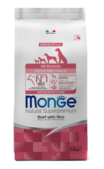 Monge Dog Monoprotein Puppy&Junior корм для щенков всех пород говядина с рисом 2,5 кг