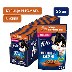 FELIX (Феликс) Аппетитные кусочки влажный корм для взрослых кошек с курицей и томатами в желе 75 г