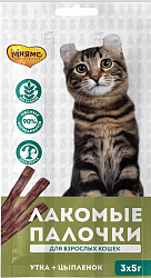 Мнямс лакомые палочки 13,5 см для кошек с цыпленком и уткой 15*3г 0055 
