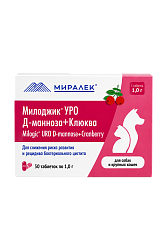 Милоджик УРО Д-манноза с клюквой 1г для собак и крупных кошек 30 таблеток, Миралек