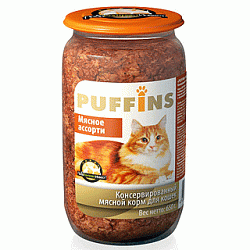 PUFFINS консервы для взрослых кошек мясное ассорти 650 г