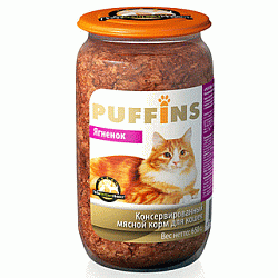 PUFFINS консервы для взрослых кошек ягненок 650 г 