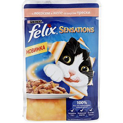 FELIX Sensations влажный корм для взрослых кошек в желе лосось со вкусом трески 75 г 12512727