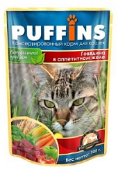 PUFFINS влажный корм для взрослых кошек сочные кусочки говядина в желе 100 г пауч 60364