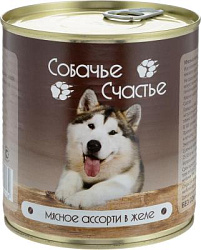 Собачье счастье влажный корм для собак мясное ассорти в желе ж/б 750 г 