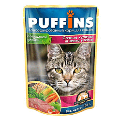 PUFFINS влажный корм для взрослых кошек сочные кусочки ягненка в желе 100 г