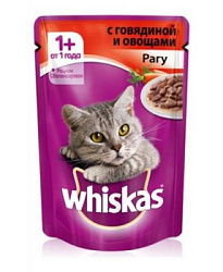 WHISKAS® (Вискас) влажный корм для кошек от 1 года рагу с говядиной и овощами 85 г пауч 10155473