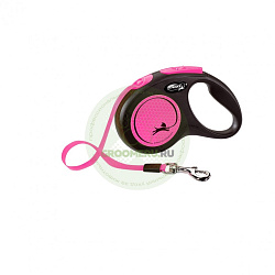 FLEXI Рулетка NEW NEON S ремень 5 м до 15 кг, черный/ неон розовый