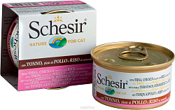 Schesir консервы для кошек тунец, куриное филе и рис 85 г 60444