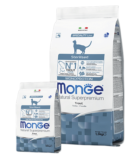Monge Cat Monoprotein Sterilised Trout сухой корм для стерилизованных кошек с форелью 400г (30443)