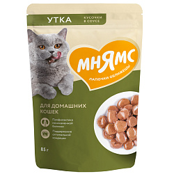 Мнямс влажный корм для кошек кусочки в соусе с уткой для домашних кошек 85 г