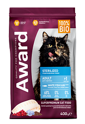 AWARD(Авард)сухой корм Sterilized для взрослых стерилизованных кошек с белой рыбой 400г