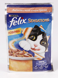 FELIX Sensations влажный корм для взрослых кошек в желе лосось со вкусом трески 85 г