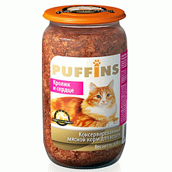PUFFINS консервы для взрослых кошек кролик и сердце 650 г 60070