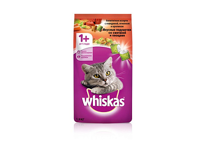 WHISKAS® (Вискас) сухой корм для кошек от 1 года сметана/овощи/говядина/кролик 1,9 кг 10116821