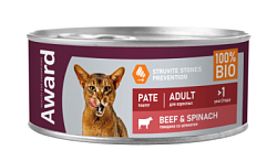 AWARD Влажный корм для взрослых кошек паштет из говядины со шпинатом 100г