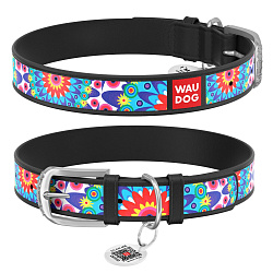 Ошейник для собак кожаный WAUDOG Design с QR паспортом,  "Цветы", Ш 25 мм, Дл 38-49 см черный 37881