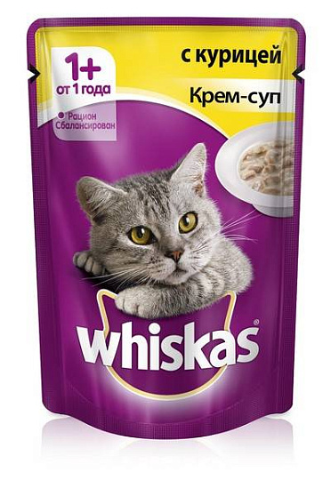 WHISKAS® (Вискас) влажный корм для кошек от 1 года крем-суп с курицей 85 г пауч 10151093