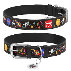 Ошейник кожаный WAUDOG с QR паспортом, "NASA", Ш 15 мм, Дл 27-36 см черный 0015-0047-01