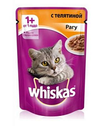 WHISKAS® (Вискас) влажный корм для кошек от 1 года рагу с телятиной 85 г пауч 10155471