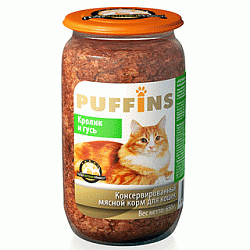 PUFFINS консервы для взрослых кошек кролик и гусь 650 г