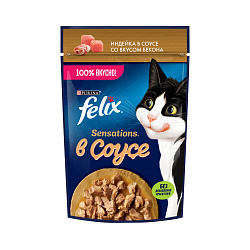 FELIX (Феликс) Sensations влажный корм для взрослых кошек в соусе с индейкой со вкусом бекона 75 г