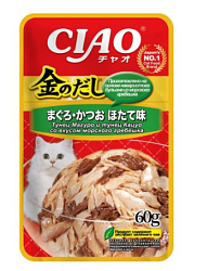 INABA (ИНАБА) CIAO Корм влажный для кошек Тунец Магуро и тунец Кацуо со вкус морского гребешка 60 г