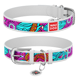 Ошейник для собак кожаный WAUDOG Design с QR паспортом, "Лето", Ш 20 мм, Дл 30-39 см белый 378115