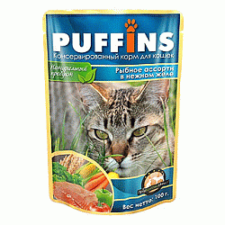 PUFFINS влажный корм для взрослых кошек рыбное ассорти в нежном желе 100 г пауч 60363