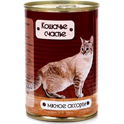 Кошачье Счастье ж/б консервы для взрослых кошек Мясное Ассорти в желе 410 г