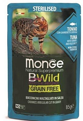 Monge Cat BWild GRAIN FREE Bocconcini Tonno влажный корм для стерилизованных кошек тунец/креветками/овощи 85г пауч