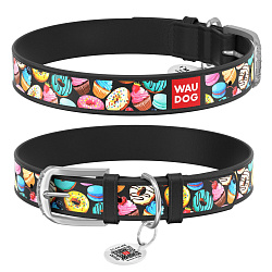 Ошейник WAUDOG Design с QR паспортом "Пончики", Ш 20 мм, Дл 30-39 см черный 36931