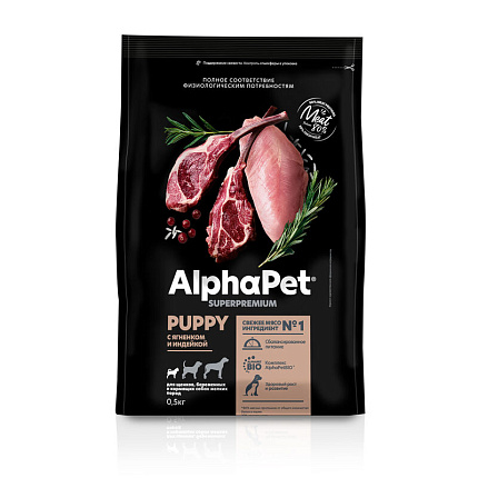 ALPHAPET (АльфаПет) сухой корм для щенков, берем/кормящих собак мелких пород ягнёнок/индейка 500 г