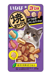INABA Лакомство запеч. д/кошек  Yakimiksu ассорти со вкусом кацуобуси, кур бульона и кальмара 25 гр