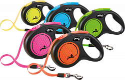FLEXI Рулетка NEW NEON S ремень 5 м до 15 кг, черный/ неон розовый