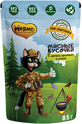 Мнямс влажный корм для кошек "Кот Федор" мясные кусочки с уткой, кроликом и дичью 85 г