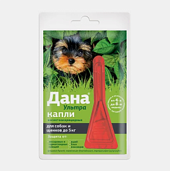 Дана Ультра капли от клещей и блох для собак до 5 кг 1 пипетка, Апиценна