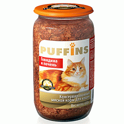 PUFFINS консервы для взрослых кошек говядина и печень 650 г 