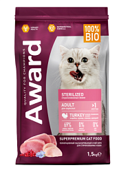 AWARD Сухой корм Sterilized для взрослых стерилизованных кошек с индейкой и курицей 1,5 кг