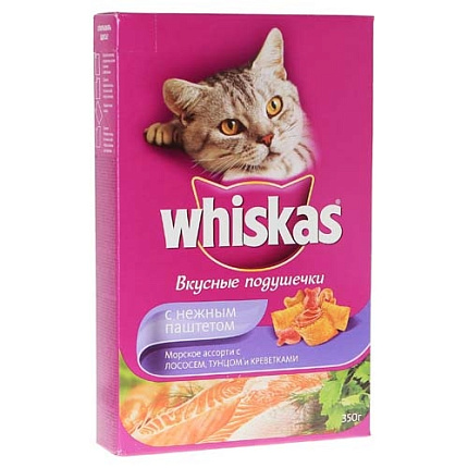 WHISKAS® (Вискас) сухой корм для кошек от 1 года подушечки с паштетом лосось 350 г 10116576