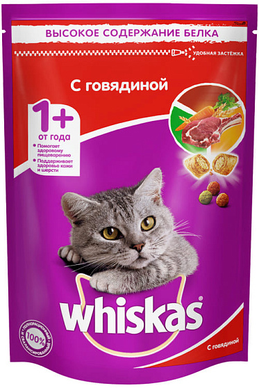WHISKAS® (Вискас) сухой корм для кошек от 1 года подушечки с паштетом с говядиной 900 г 10231350