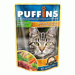 PUFFINS влажный корм для взрослых кошек мясное ассорти в нежном желе 100 г пауч 60365