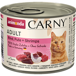 Animonda CARNY ADULT влажный корм для взрослых кошек с говядиной, индейкой и креветками ж/б 200г